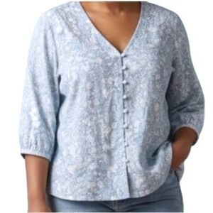 Joie Linen Blue Floral Lightweight 3/4 Sleeve Relaxed Fit Blouse Top